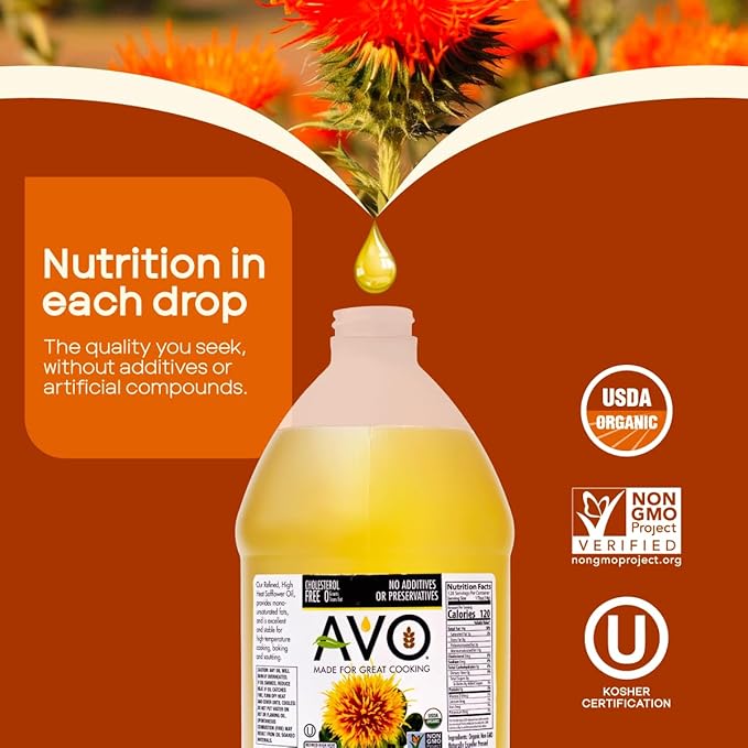 AVO Organic Safflower Oil for Cooking Frying Baking Salads Vinaigrette Marinades. General Cooking Oil 64 Fl-oz (Half a Gallon) No preservatives Naturally Processed High Smoke Point 465°F