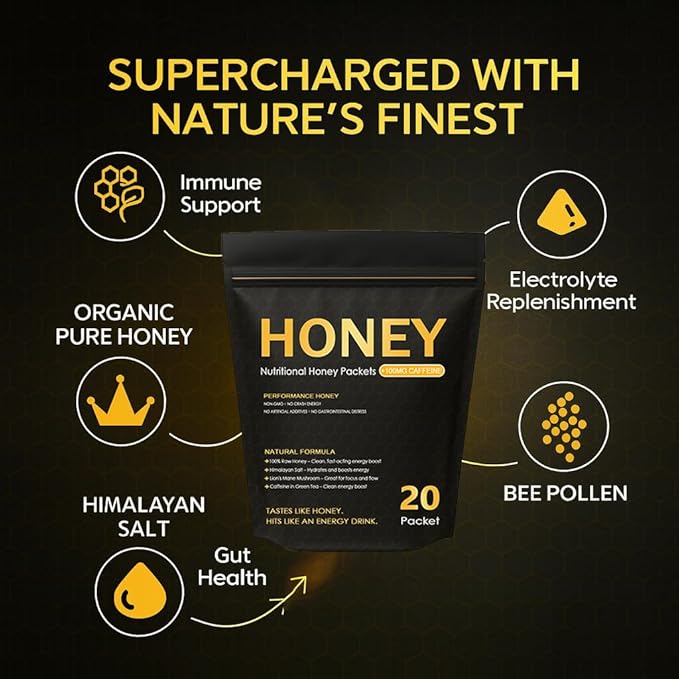 Nutrition Honey Packets Organic Premium Natural Pure Honey with Himalayan Salt Hericium Erinaceus Immune Support Prebiotic Gut Health Electrolyte Replenishment 20 Pack (1)