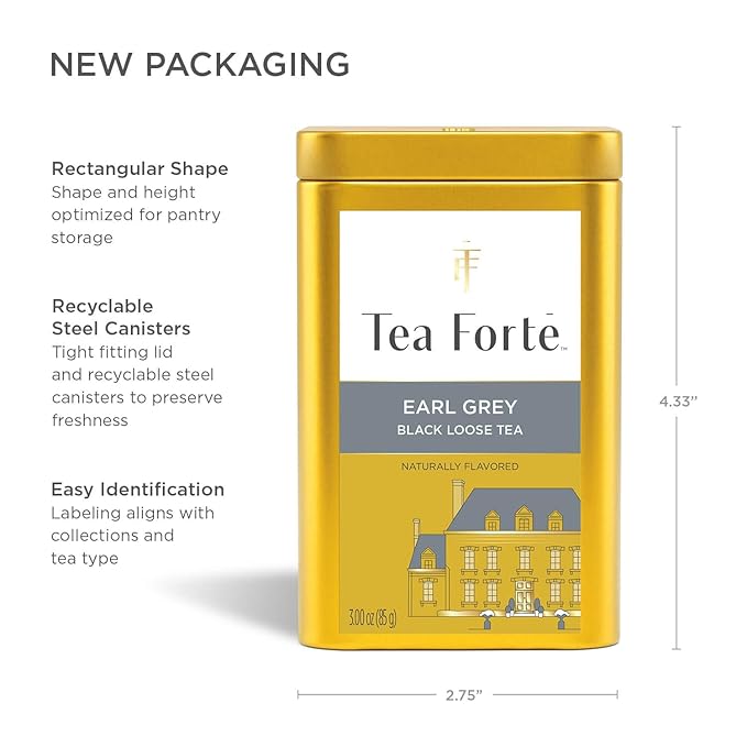Tea Forte Earl Grey Premium Loose Leaf Caffeinated Black Tea Blend Canister Makes 35-50 Cups