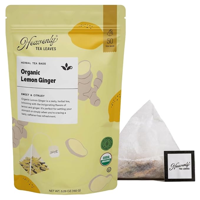 Heavenly Tea Leaves Organic Lemon Ginger (50 Pyramid Tea Bags) 100% Plastic Free Bulk Compostable Herbal Tea Sachet - Premium Quality Whole Tea Leaves in a Convenient Tea Bag