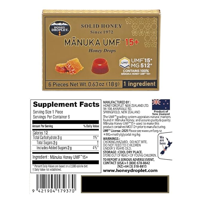 HONEY DROPLET] UMF™15+ (MG 512+) 100% Manuka Honey Drops Truly Natural from New Zealand 1 Premium Ingredient 12 Packs (Original Flavor)
