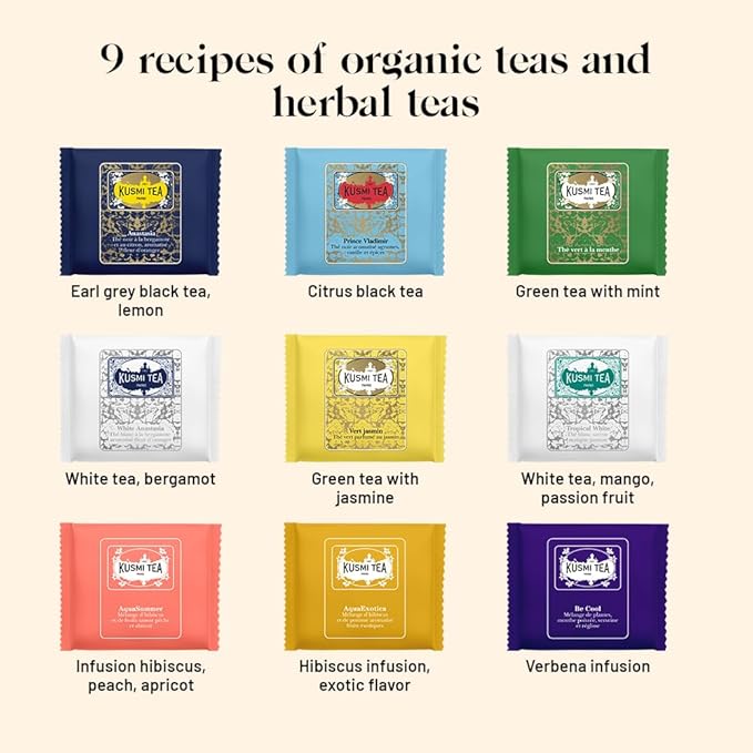 Kusmi Tea - Sampler Assortment Variety Box - Gift Idea for Men and Women - Organic Tea - Green Tea Black Tea Herbal Tea White Tea - A Selection of 9 Flavores - 45 Tea Bags - Kusmi Discovery Set