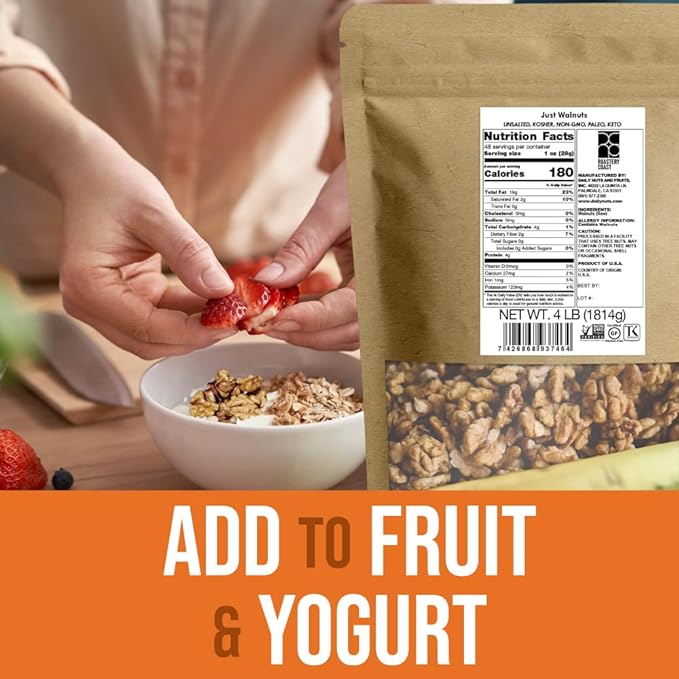 Roastery Coast Walnuts Bulk 4 LB No Shell Halves and Pieces Raw Steam Pasteurized Unsalted Non-GMO Gluten Free Kosher Just Walnuts