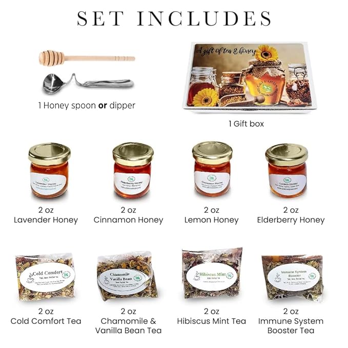 C&ampJ Farms Texas Gourmet Artisan Seasonings A Gift of Tea and Honey Gift Set- 9 Piece Variety Sampler Box- Includes Stir Spoon and Sampling of Loose Leaf Tisanes &amp Infused Honey- Local Natural