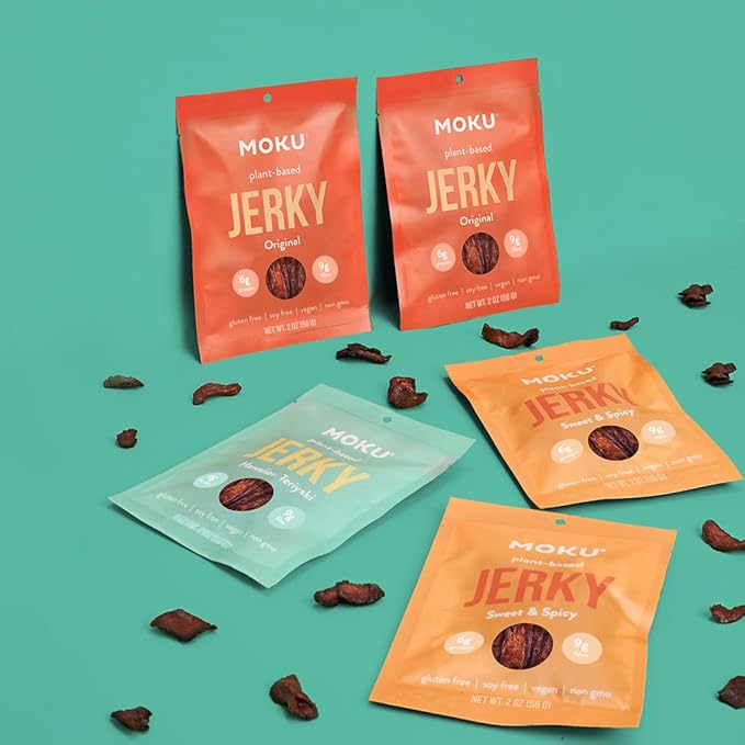 Moku Plant-Based Mushroom Jerky Vegan Gluten Free Soy-Free Non-Gmo No Artificial Sweetener Healthy Snacks 2.0 Oz Ea (3 Count Sweet &amp Spicy)