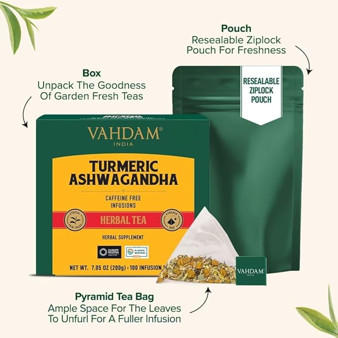VAHDAM Turmeric Ashwagandha Herbal Tea Bags (100 Count) Caffeine Free Non GMO Gluten Free | 100% Pure Herbal Blend - Sweet &amp Earthy | Whole Leaf Tea Bags | Resealable Ziplock Pouch