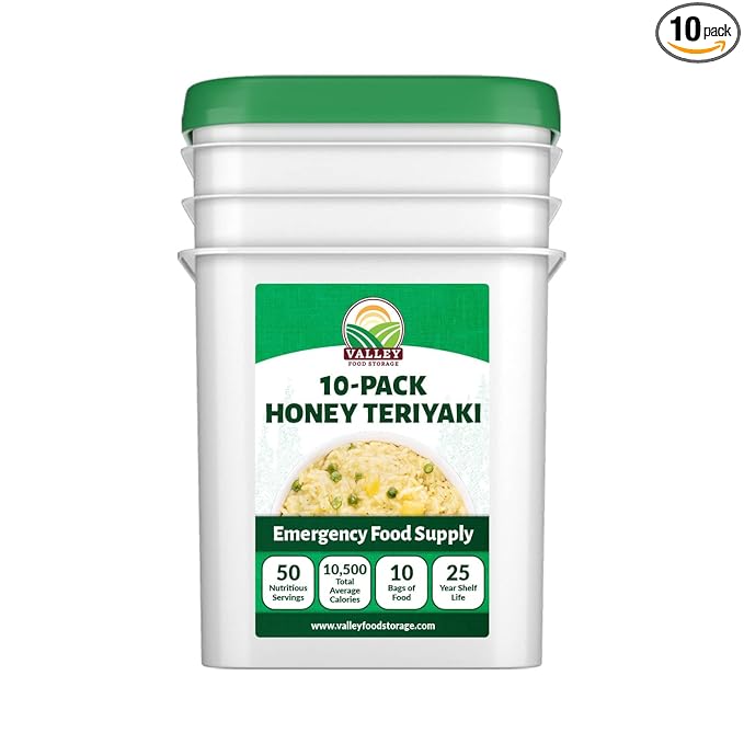 Valley Food Storage Honey Teriyaki Rice | 10-Bag Bucket 50 Servings | Non-GMO Premium Emergency Food Supply 25 Year Shelf Life | Survival Meal Kits Prepper Food &amp Off-Grid Living Supplies Pack