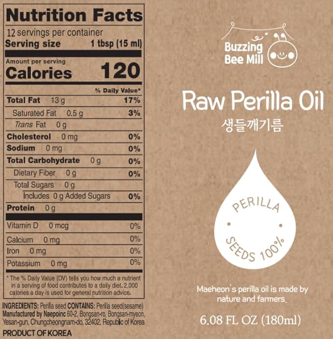 Korean Food Cold-Pressed Raw Perilla Oil 180 ml (6.1 fl oz) 100% Perilla Seeds Nutty Flavor for Cooking &amp Salad Dressing 저온압착 생들기름