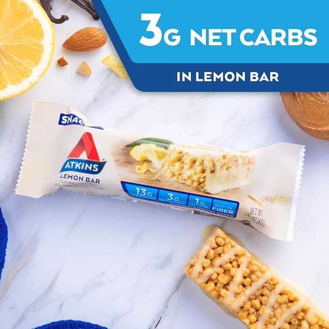 Atkins Lemon Snack Bar Made with Real Almond Butter 1g Sugar Gluten Free High in Fiber Keto Friendly 8 Count