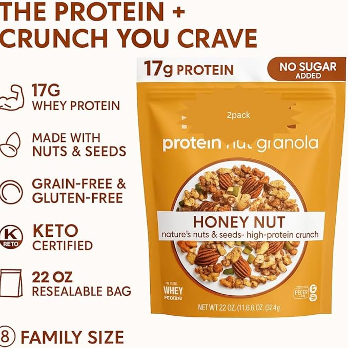 NuTrail! Honey Nut Protein Nut Granola No Sugar Added Low Carb Keto Friendly Gluten Free Granola Cereal High Protein Snack 22 oz Bag (Pack of 2)
