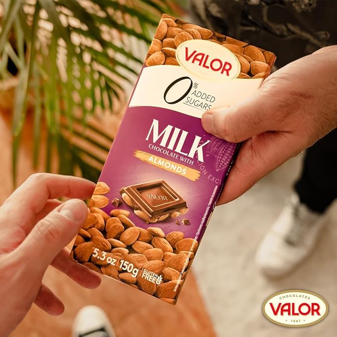 Valor. Milk Chocolate with Mediterranean Marcona Almonds. No sugar added. 150g (5.29oz). Pack of 3.