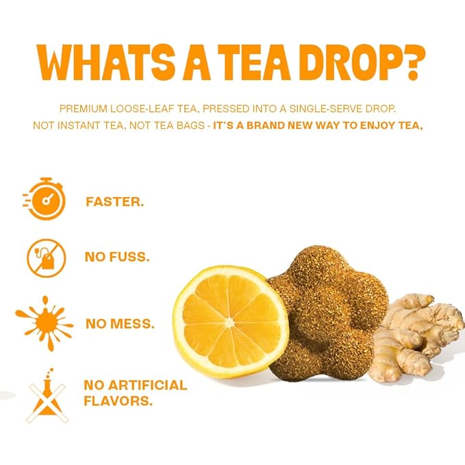 Tea Drops Citrus Ginger Tea | Dissolvable Bagless Loose Leaf | Wellness Boosting Calming Caffeine-Free Naturally Sweetened Organic | Iced or Hot | Gift Set 2 Pack - 20 Servings