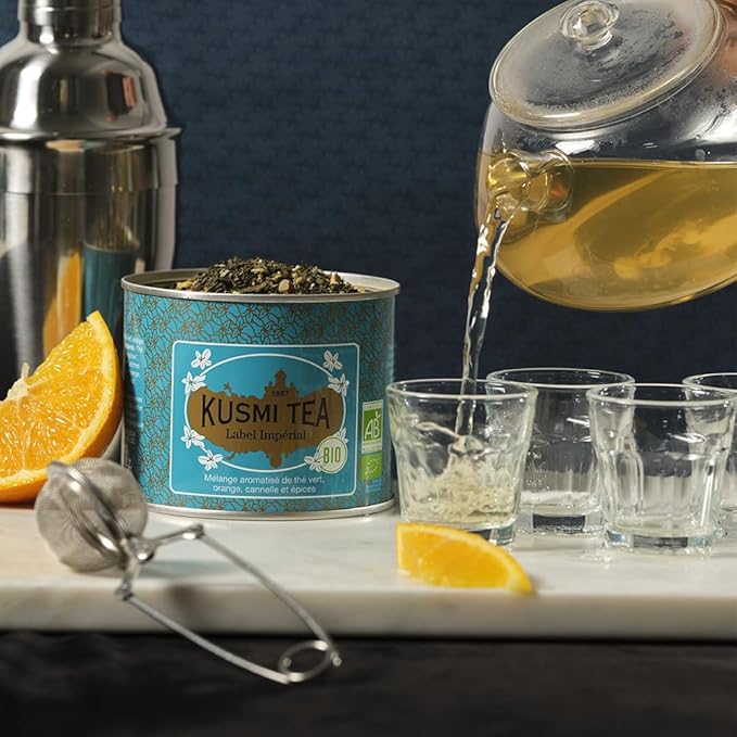 Kusmi Tea - Label Imperial - Organic Green Tea - Blend of Chun Mee Green Tea Cinnamon Cardamom Orange Peel and Licorice - Citrus &amp Spices - Loose Leaf Tea - Tin Box of 3.5 oz - for about 50 cup