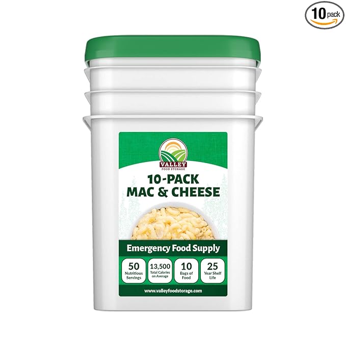 Valley Food Storage Mac and Cheese | 10-Bag Bucket 50 Servings | Non-GMO Premium Emergency Food Supply 25 Year Shelf Life | Survival Meal Kits Prepper Food Camping &amp Off-Grid Living Supplies