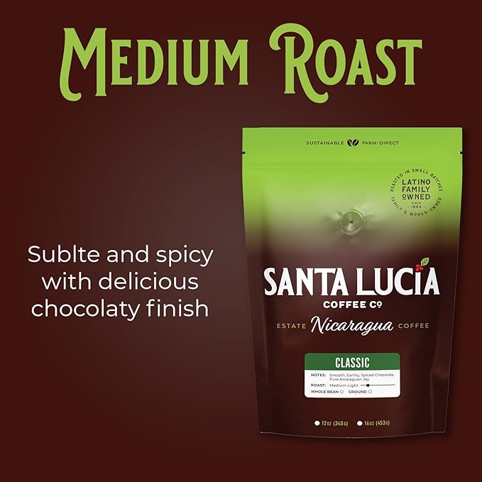 Santa Lucia Coffee - Grand Reserve Classic Medium Roast Nicaraguan Coffee - Medium Roast - 91 Point Specialty Grade - Low Acididity - Bright &amp Smooth - Strong &amp Bold Flavor - Whole Bean - 16oz