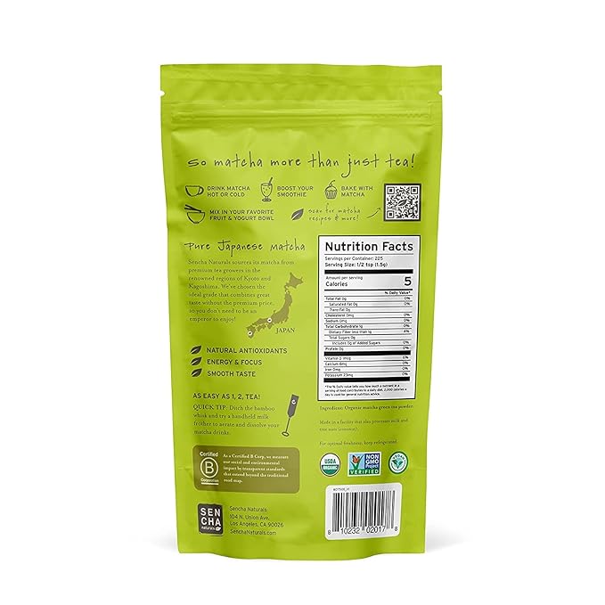 Sencha Eveyrday Natural USDA Organic Matcha Green Tea Powder Rich Antioxidant Revitalizing Body Helathy Gluten Free Product 100% Vegan Diet - 12oz (Pack of 1)