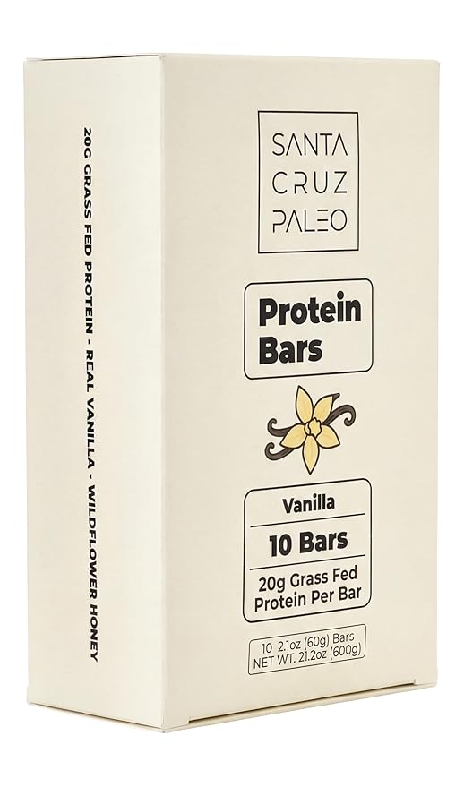Santa Cruz Paleo Protein Bar – 20g Grass-Fed Whey &amp Collagen Protein – Wildflower Honey Sweetened No Seed Oils High Protein Snack Bar (Vanilla Flavor Pack of 10)