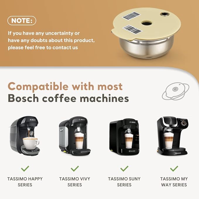 Stainless Steel Tas simo Reusable Pod-220ML+Extra Lids-200+180+60ML BENFUCHEN Tas simo Refillable Pod Stainless Steel for Bosch Coffee Machine with a Coffee Tamper Off-White Color
