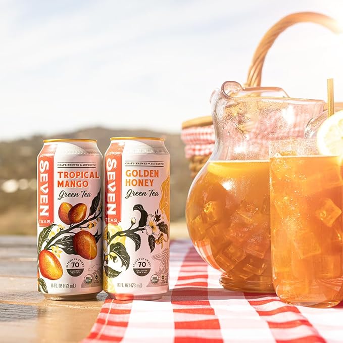 SevenTeas Tropical Mango Green Tea 16 OZ (Pack of 12 Cans) Organic Iced Tea