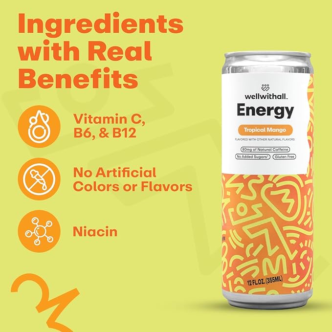 WellWithAll Tropical Mango Energy Drink – Caffeine from Tea – With Vitamin C – Lightly Sparkling Beverage – Fruit &amp Veggie Juice Blend – 12 Oz (Pack of 12)