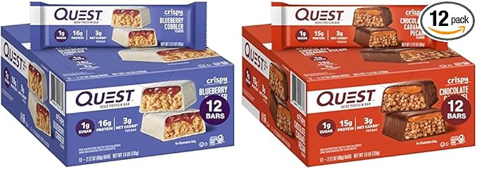 Quest Nutrition Crispy Blueberry Cobbler &amp Chocolate Caramel Pecan Hero Protein Bars 16g &amp 15g Protein 1g Sugar 3g Net Carb Gluten Free Keto Friendly 12 Count Bundle