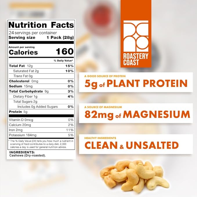 Roastery Coast - Just Cashews Unsalted | Individually wrapped snack (1 Oz each) | Whole Unsalted Cashews | Non-GMO Gluten Free Kosher | Cashew Nuts | Gourmet Snack