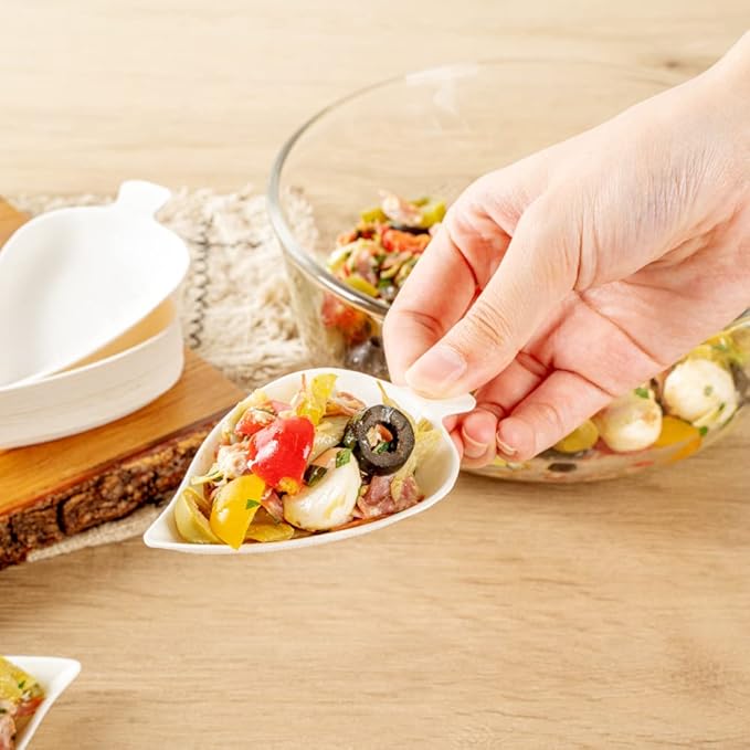 Restaurantware-Pulp Safe No PFAS Added 3.7 x 2.4 Inch Tasting Dishes 100 Disposable Dishes - Home Compostable Microwavable And Freezable White Bagasse Food Dish Leaf Shape For Appetizers