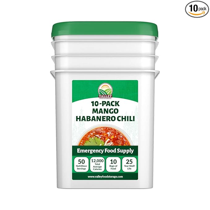Valley Food Storage Mango Habanero Chili | 10-Bag Bucket 50 Servings | Premium Emergency Food Supply 25 Year Shelf Life | Survival Meal Kits Prepper Food &amp Off-Grid Living Supplies Packaged in