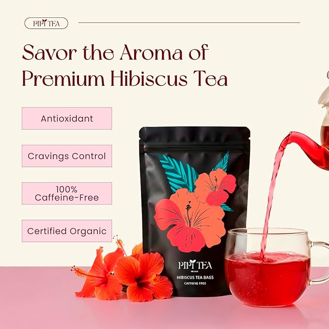 PiPi Tea Organic Hibiscus Tea Bags – Caffeine Free Herbal Tea Rich in Antioxidants Non-GMO &amp Vegan Sourced from Premium Hibiscus Flowers for Daily Wellness &amp Heart Health Support 60g
