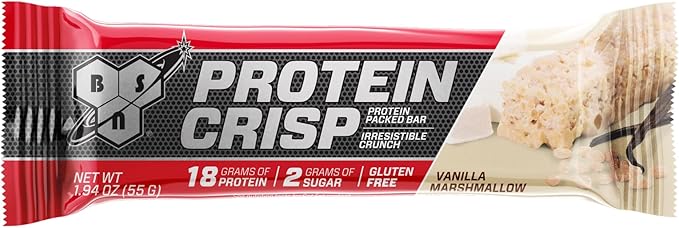 BSN Protein Crisp Bar Vanilla Marshmallow 18 Gram Protein Snack Bars with Whey and Fiber Gluten-Free Crunchy Energy Bars for Workout Fitness On-the-Go 12 Count