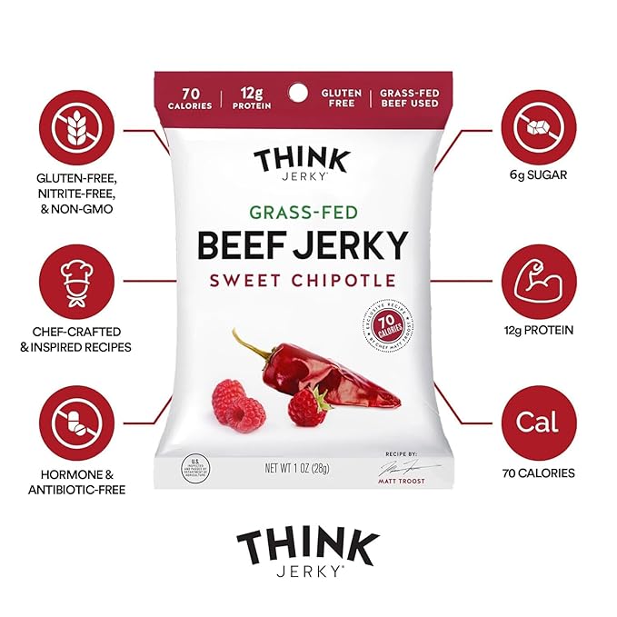 Think Jerky Sweet Chipotle Beef Jerky Grass-Fed High Protein Beef Gluten Free No Antibiotics or Nitrates Healthy Chef Crafted Recipe Low Calorie and Low Fat - 1.0 oz Bags 8 Pack