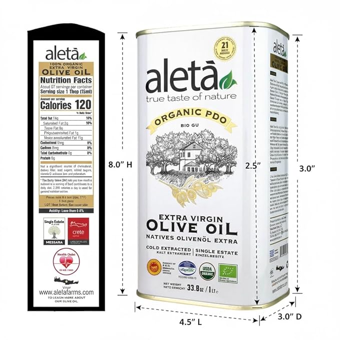 Aleta Farms Olive Oil Extra Virgin USDA Organic Single Estate PDO Polyphenol Rich Olive Oil Cold Pressed Global Gold Awards Kosher 33.8 Fl oz (1 Ltr) Pack of 2