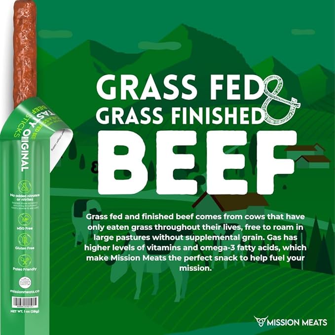 Mission Meats Beef Sticks – 100% Grass Fed Beef Zero Sugar Healthy Snacks Individually Wrapped Gluten Free Non-GMO Original 1oz (Pack of 10)