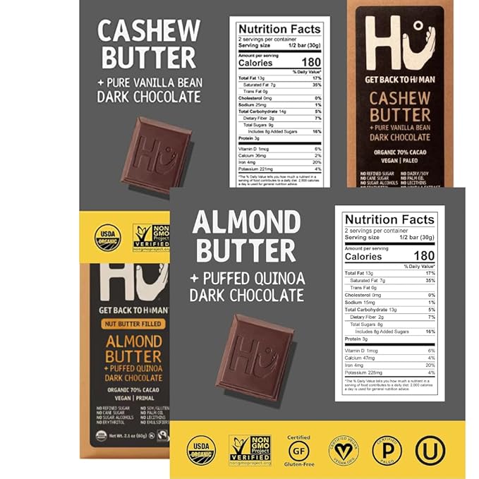 HU Dark Chocolate Bars Variety Pack 8 Count – Simple Salty Cashew Buter Raspberry Hazelnut Btr Cashew Bttr &amp Vanilla Bean Almond Butter &amp Puffed Quinoa Vanilla Crunch &amp Crunchy Mint