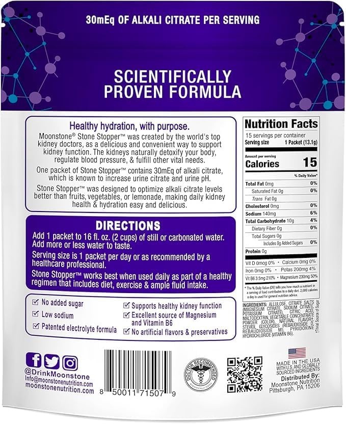 Stone Stopper Drink Mix Cranberry Raspberry &amp Lemonade Kidney Stone Prevention Calcium Oxalate Protector Developed by Urologists to Improve Hydration &amp Support Kidney Health 15 Day Supply