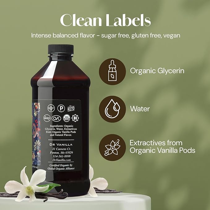 Organic Vanilla Alcohol‑Free Flavor 16 fl oz - Madagascar Bourbon vanilla 100% natural sugar‑free GMO‑free gluten‑free vegan paleo keto kosher and halal