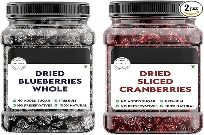 SA Dried Sliced Cranberry &amp Whole Blueberry Combo (250 Gm Each) - Organic Cranberries &amp Blueberries Without Sugar (unsweetened Dry Fruits)