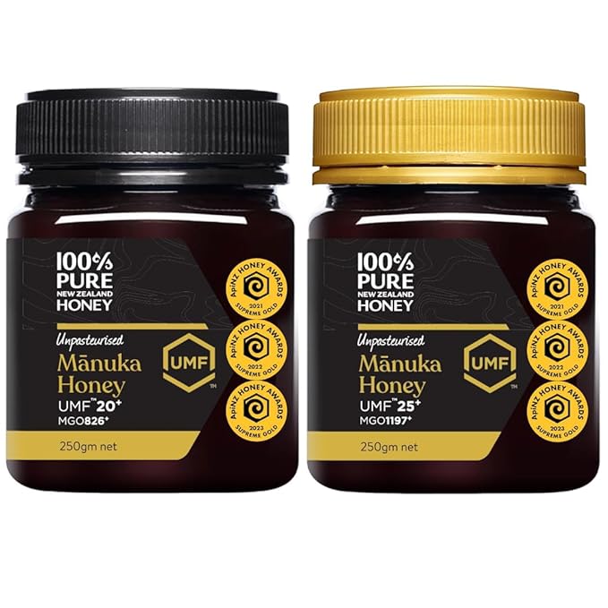 100% Pure New Zealand Manuka Honey UMF 20+ and 25+ Ultra High Grade Bundle 2 x 8.8 Oz