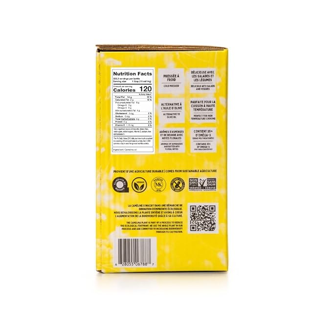 Signé Caméline. Virgin Camelina Oil. 1.32 gallons. Finishing and cooking oil. High in Omega-3. Smoke point 475 degrees fahrenheit. Substitute for olive oil. Produced in Canada.