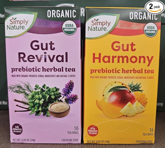 Simply Nature Organic Gut Revival &amp Harmony Prebiotic Herbal Tea Caffeine Free 0.85oz 24g (Two Boxes)