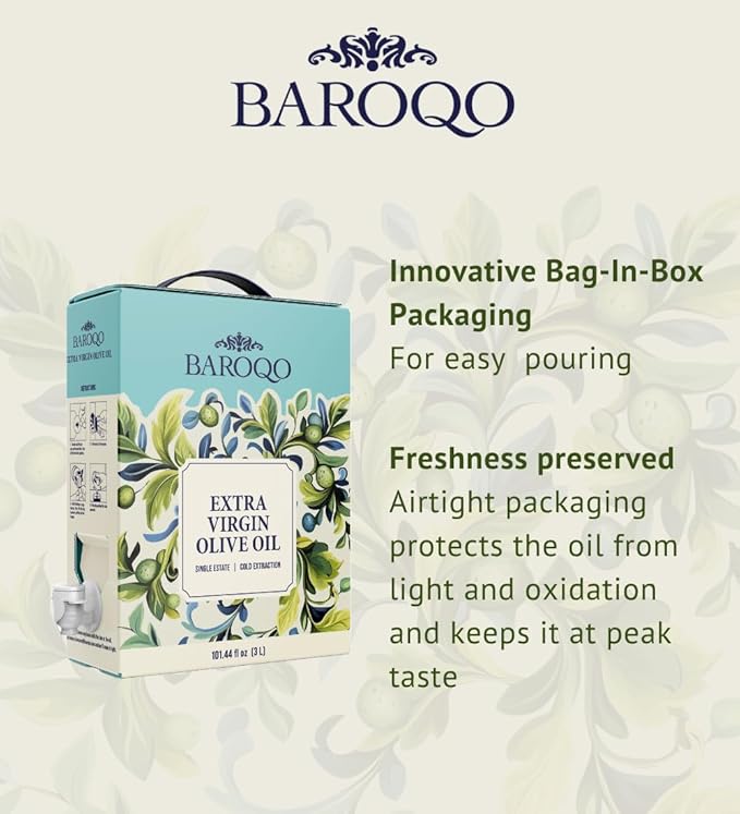Baroqo Mediterranean Olive Oil Extra Virgin Olive Oil 3L Bag in Box Cold Pressed Extra virgin Olive Oil Bulk from Greece Koroneiki Olives Robust Fruity Flavor Fresh EVOO Ideal for Cooking and Salads