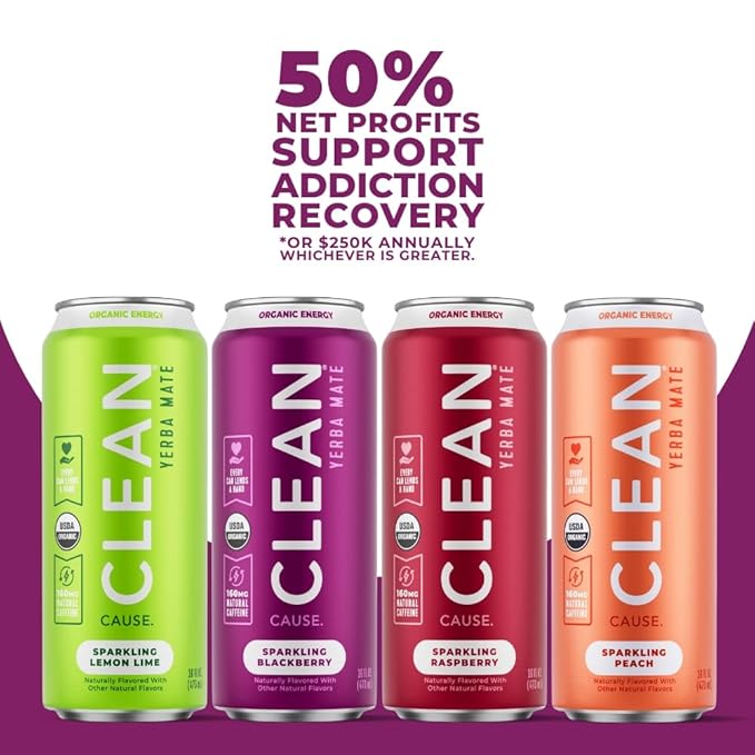 CLEAN Cause Low Calorie Variety Pack Yerba Mate Tea Sparkling USDA Organic Energy Drink Alternative Low Sugar 160mg Natural Caffeine Soda Alternative Plant-Based (16oz cans 12-Pack Case 4 Flavo