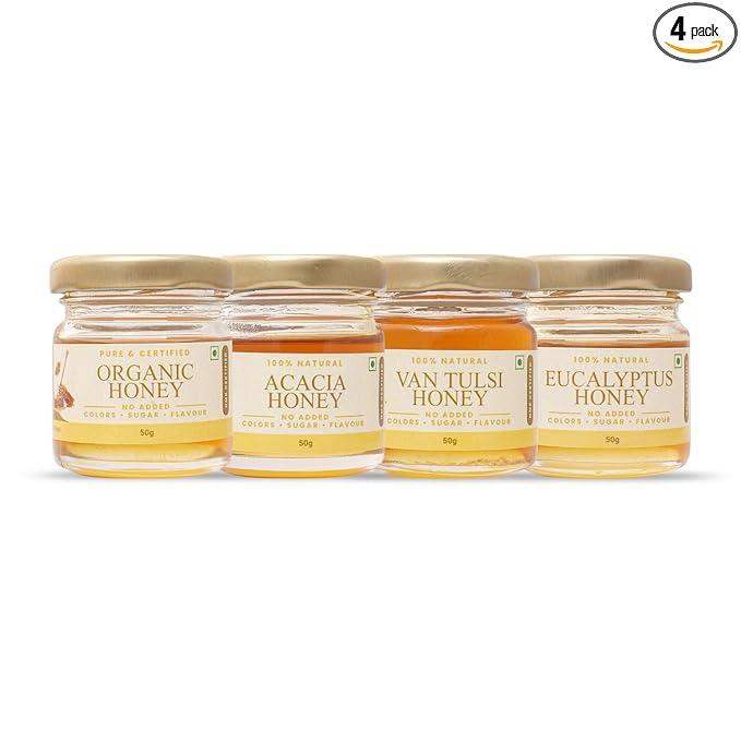 Shiva Organic Honey Tasters - Kid-Friendly Pack | 4 Flavors x 50g Each | Total 200g | Delight Young Taste Buds with Pure and Natural Honey