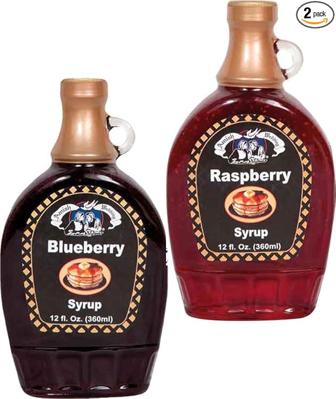Amish Wedding Foods Fruit Flavored Pancake &amp Waffle Syrup Red Raspberry &amp Blueberry 12 oz. jars Variety 2 pack
