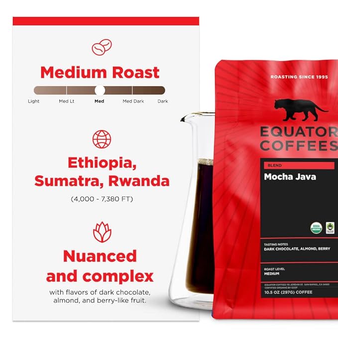 Equator Coffees Mocha Java Blend Organic Whole Bean Coffee Medium Dark Roast Fresh Roasted Dark Chocolate &amp Berry Flavor Notes Sustainable and Fair Trade Certified 10.5 oz Bag