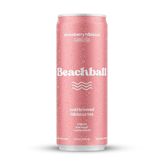 Beachball Organic Strawberry Hibiscus Iced Tea (Caffeine Free) – Low Sugar Low Calorie No Artificial Sweeteners Vitamin C 12-Pack 12oz Cans