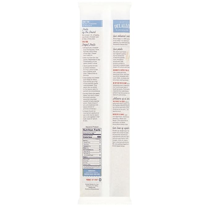 DeLallo Capellini Pasta Angel Hair Pasta Made in Italy Made with Only 100% Durum Wheat Semolina Flour Bronze Cut All Natural Non-GMO Kosher Vegan 1 Pound Bag (8 Pack)