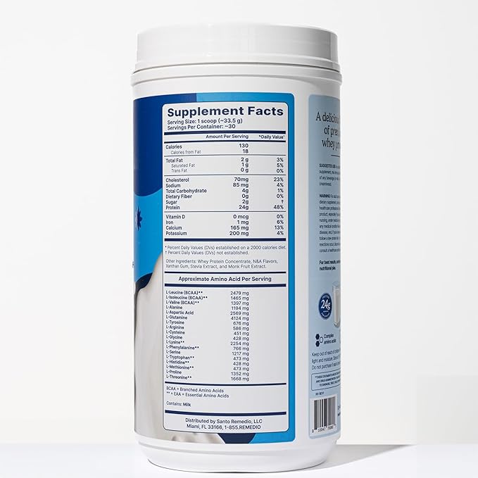 Santo Remedio Vanilla Whey Protein Premium Whey Protein Powder 24g of Protein per Serving 30 Servings