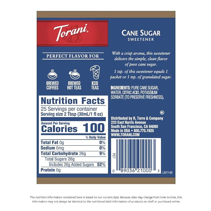 Torani Syrup Cane Sugar Sweetener 25.4 Ounces (Pack of 4)