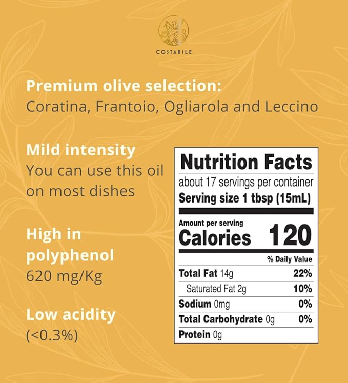 Costabile Orange Infused Olive Oil Extra Virgin Organic from Italy. Polyphenol rich olive oil flavored with natural Italian orange. For salads baking and cooking healthy keto friendly food 8.45Fl.Oz